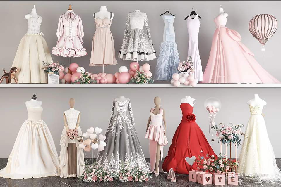 Elegant Various Style Dresses Displayed On Mannequins With Balloons Flowers And Love Gift Boxes 3d model 