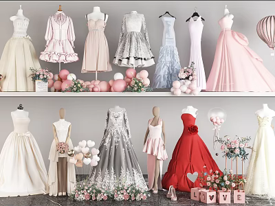 Elegant Various Style Dresses Displayed On Mannequins With Balloons Flowers And Love Gift Boxes 3d model