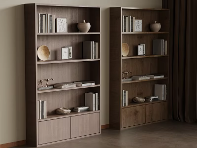 Modern Wooden Bookshelf Interior With Books Decorative Vases And Storage Cabinets 3d model