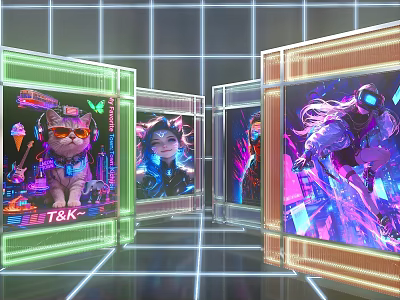 Cyberpunk Interactive Zone Featuring Neon Illuminated Frames Digital Art Displays And Virtual Characters 3d model