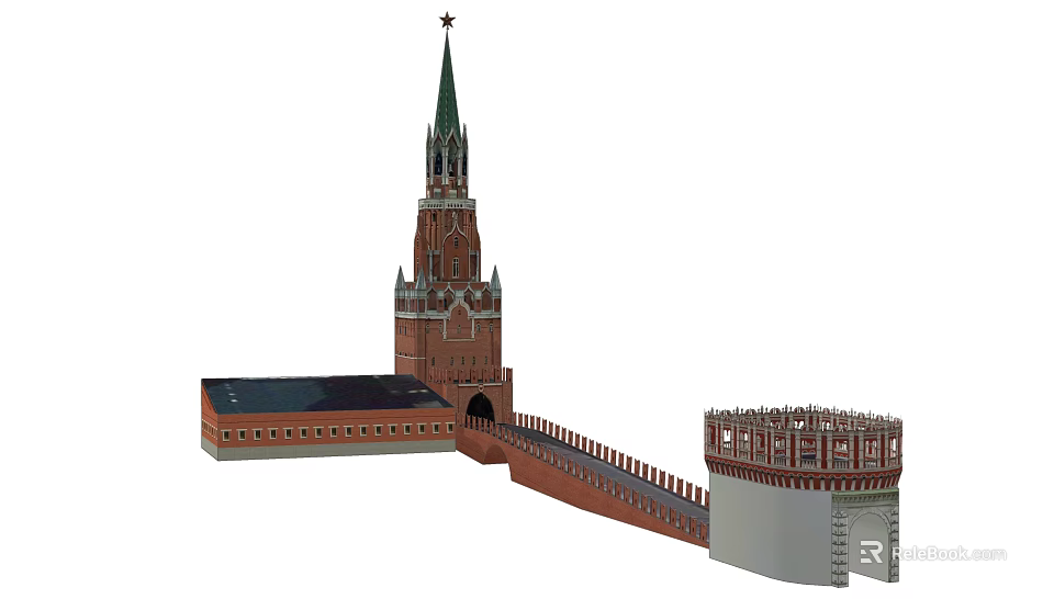 Iconic Red Brick Tower With Spire And Connected Historic Stone Defensive Wall Structure 3d model 