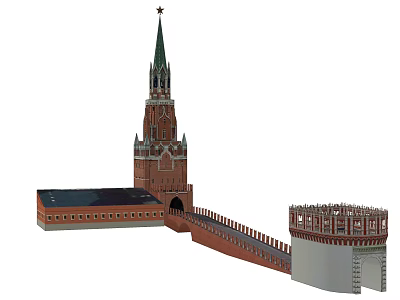 Iconic Red Brick Tower With Spire And Connected Historic Stone Defensive Wall Structure 3d model