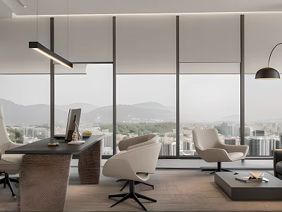 Modern Office Interior With Large Windows City Mountain Views Desk Chairs Sofa And Coffee Table 3d model