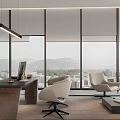 Modern Office Interior With Large Windows City Mountain Views Desk Chairs Sofa And Coffee Table