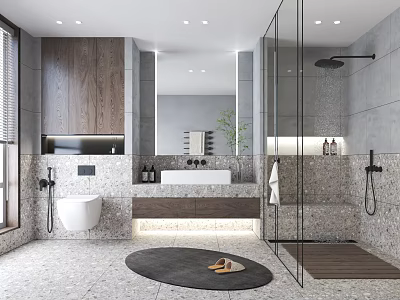 Modern Bathroom Interior Design With Marble Vanity Wooden Accents And Glass Shower Enclosure 3d model