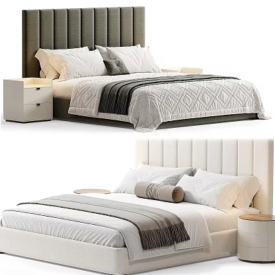 Modern Double Bed With Light Upholstered Headboard White Gray Pillows And Nightstand 3d model
