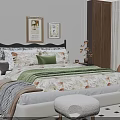 Cozy Bedroom Interior With Dark Headboard Floral Comforter Green Throw Framed Artwork And Geometric Rug