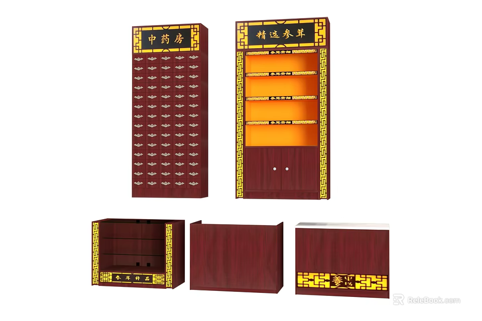 Traditional Chinese Medicine Mall Counter With Red Wood Cabinets Drawers And Gold Decoration 3d model 