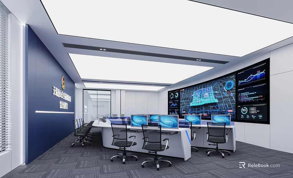 Modern Control Room Interior With Multiple Computer Monitors And Large Surveillance Screens 3d model 