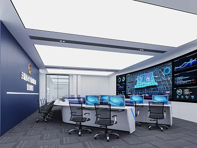 Modern Control Room Interior With Multiple Computer Monitors And Large Surveillance Screens 3d model