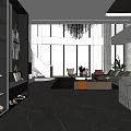 Modern Living And Dining Room Interior With Large Windows Chandelier Sofa And Marble Countertop
