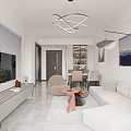 Modern Open Living And Dining Interior With White Sofa Chandelier And Floor To Ceiling Window