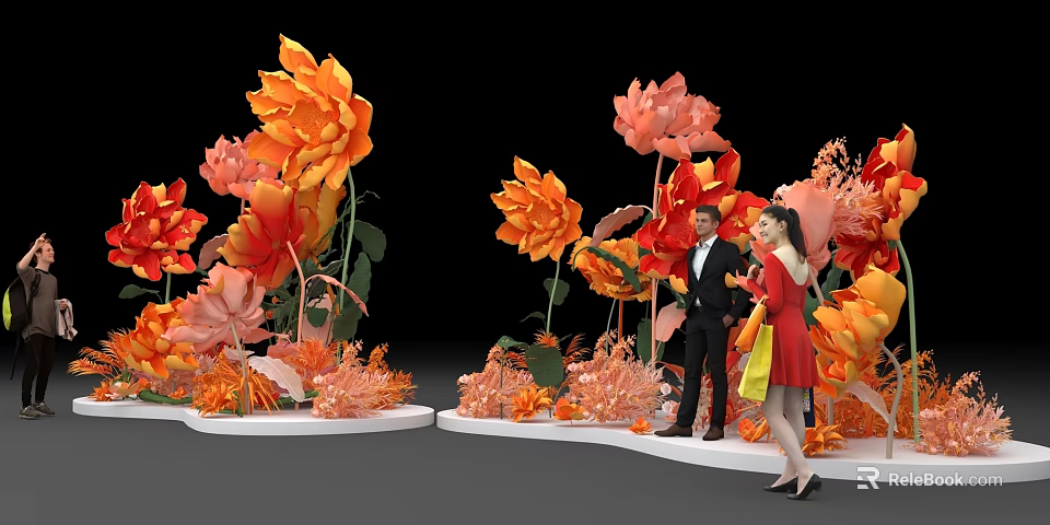 Stunning Floral Installation with Large Orange Red Blooms and People Standing Nearby 3d model 
