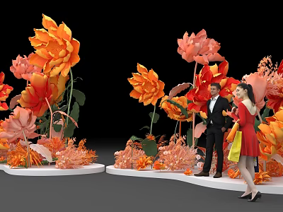 Stunning Floral Installation with Large Orange Red Blooms and People Standing Nearby 3d model