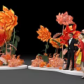 Stunning Floral Installation with Large Orange Red Blooms and People Standing Nearby