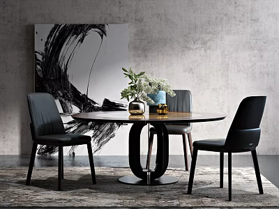 Modern Round Dining Table Set with Black Chairs Vase Green Plants and Abstract Painting 3d model