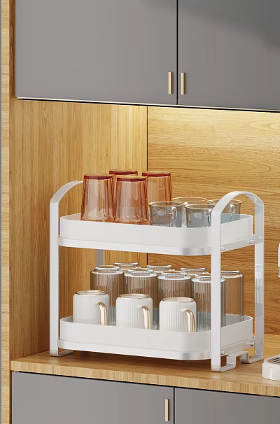 White Double Layered Rack With Red Rimmed Glasses And Striped White Cups 3d model
