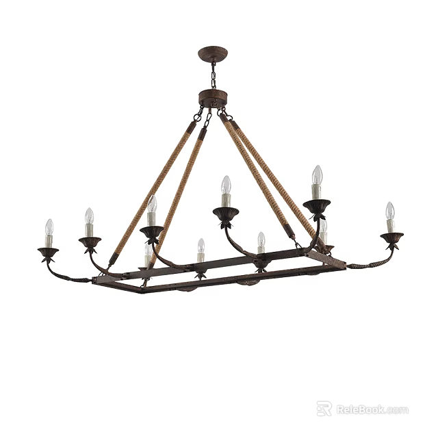 Vintage Rustic Chandelier With Candle Style Bulbs And Rope Accents For Home Decor 3d model 