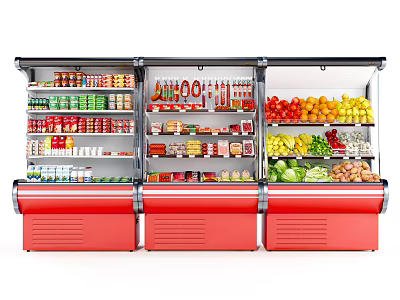 Red Commercial Refrigerated Showcase Displaying Fresh Fruits Vegetables And Beverages 3d model