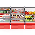 Red Commercial Refrigerated Showcase Displaying Fresh Fruits Vegetables And Beverages