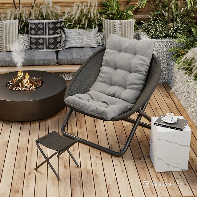 Outdoor Lounge Chair on Wooden Deck with Fire Pit Sofa Pillows and Marble Side Table 3d model 