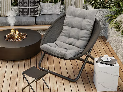 Outdoor Lounge Chair on Wooden Deck with Fire Pit Sofa Pillows and Marble Side Table 3d model