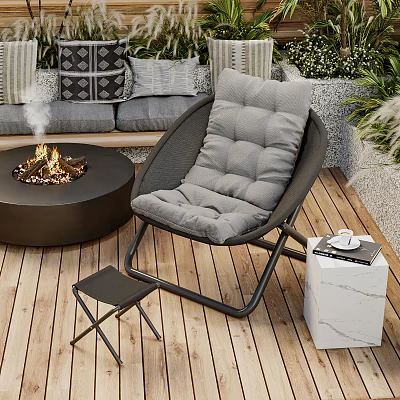 Outdoor Lounge Chair on Wooden Deck with Fire Pit Sofa Pillows and Marble Side Table 3d model