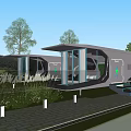 Modern Glass Guesthouse Building With Waterfront View Sunset Sky And Greenery