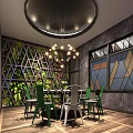 Modern Industrial Restaurant Interior With Green Plant Wall Hanging Lights And Dining Tables