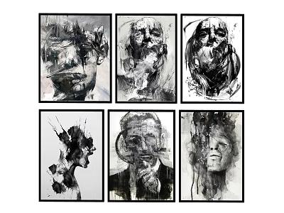 Six Abstract Black And White Portrait Paintings With Ink Brush Strokes 3d model