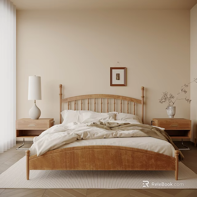 Wooden Double Bed With Bedside Tables Table Lamp Vase And Framed Picture On Beige Wall 3d model 