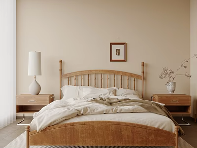 Wooden Double Bed With Bedside Tables Table Lamp Vase And Framed Picture On Beige Wall 3d model