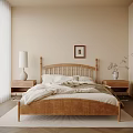 Wooden Double Bed With Bedside Tables Table Lamp Vase And Framed Picture On Beige Wall