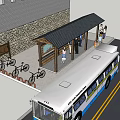 Bus Station With Stone Wall Shelter Bus Passengers And Parked Car