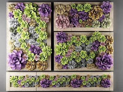 Colorful Living Plant Wall With Succulents In Wooden Frame For Indoor Decoration 3d model