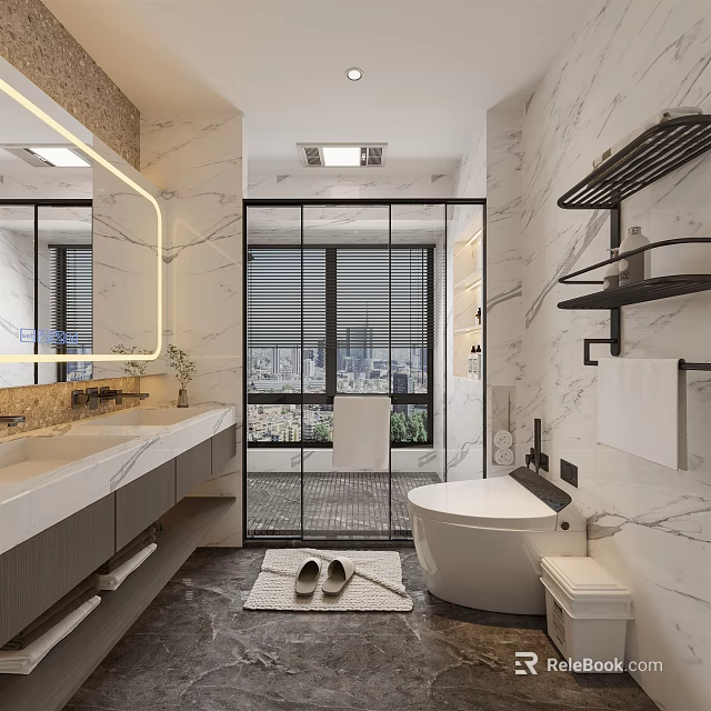 Bright Modern Luxury Marble Bathroom With Dry Wet Separation And High End Sanitary Fixtures 3d model 