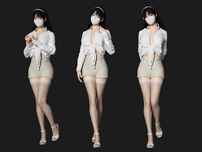 Woman Wearing Mask Tied White Shirt Beige Shorts And Stockings In Various Poses 3d model