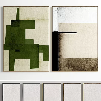 Geometric Abstract Painting With Green Neutral Tones And Dual Panel Wall Art 3d model