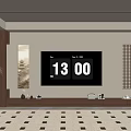 Modern Minimalist Background Wall Design With TV Screen Showing Time Date And Wooden TV Cabinet
