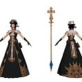 Game Fantasy Character With Elegant Black Gold Dress And Ornate Cross Staff