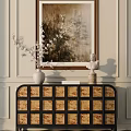 Elegant Entryway Console Table With Decorative Panels Vase Sculpture And Wall Painting