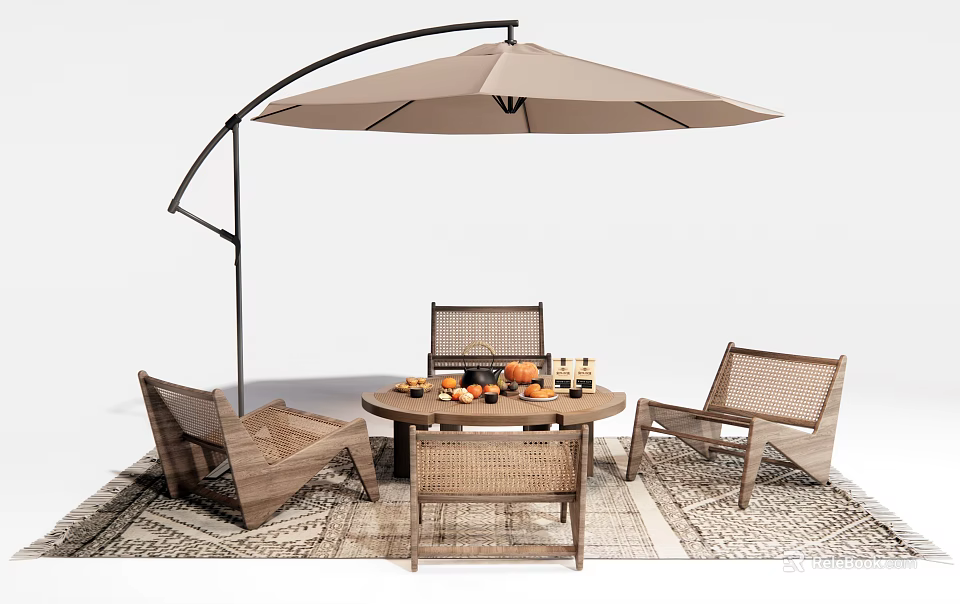 Modern Woven Outdoor Chairs with Beige Umbrella Round Table and Fruits Drinks on Patio 3d model 