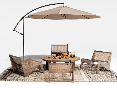Modern Woven Outdoor Chairs with Beige Umbrella Round Table and Fruits Drinks on Patio 3d model