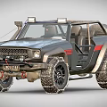 Modified Off Road Vehicle With Open Top Large Tires Red Stripes And Front Grille