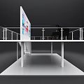 Modern Two Story Exhibition Space With Glass Railing Digital Screen And Staircase Under Column Platform