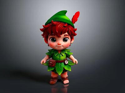 3D Cartoon Elf Character With Red Hair Green Hat And Leaf Costume 3d model