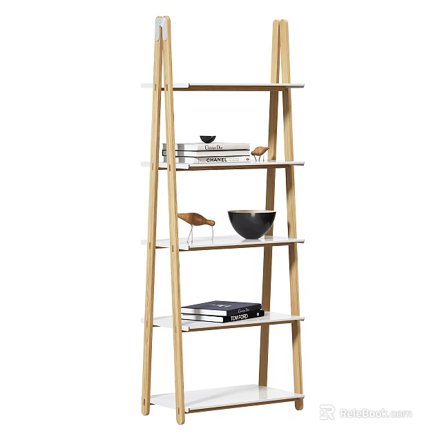 Wooden Ladder Bookshelf With Multi Tiered Shelves Holding Books Bowl And Bird Figurine 3d model 