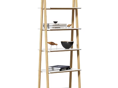 Wooden Ladder Bookshelf With Multi Tiered Shelves Holding Books Bowl And Bird Figurine 3d model