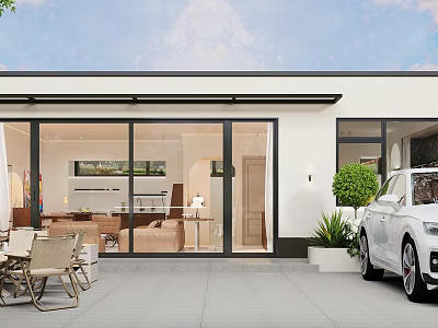 Modern Courtyard Garden With Outdoor Seating Area Large Glass Doors Potted Plants And White Car 3d model
