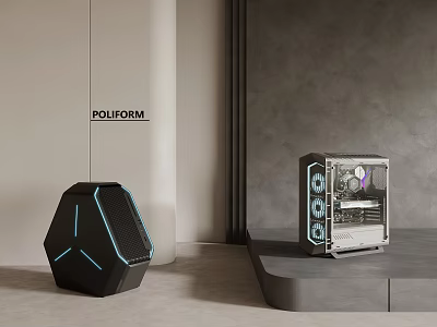 Modern Computer Cases With Polygonal Design Blue Lighting And Transparent Side Panel Visible Internal Hardware 3d model